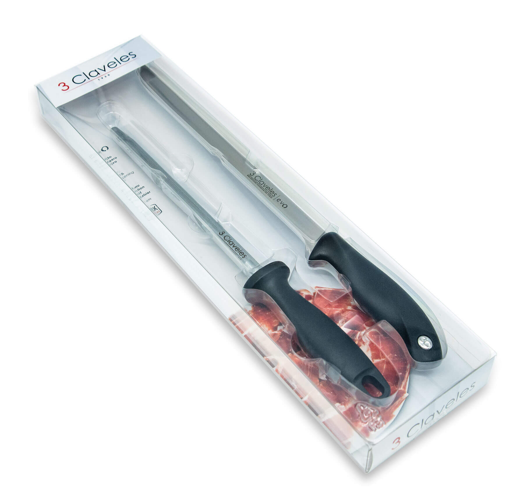 set cuchillo jamonero y chaira evo